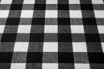 Fototapeta premium Close-up of a textured black and white checkered fabric pattern with interwoven threads creating a grid design