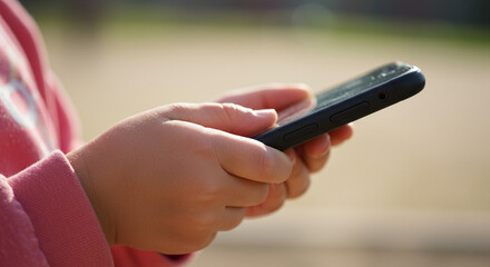 Caucasian child - Close-up of childs hand using smartphone &ndash; digital safety and parental control concept