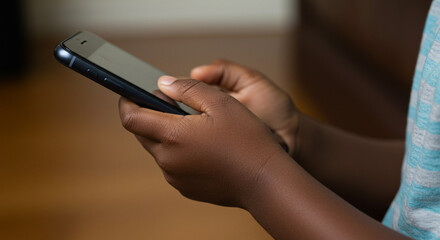 African American child - Close-up of child's hand using smartphone &ndash; digital safety and parental control concept