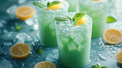 Refreshing Green Cocktail with Ice and Citrus Garnish in Glass