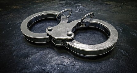 Close-up image of a closed metallic handcuff lying on a textured dark surface, symbolizing restraint and law enforcement