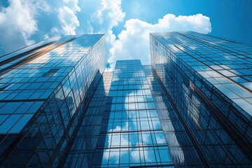 Obraz premium Looking up at tall modern glass skyscrapers reflecting a bright blue sky with fluffy white clouds creating an inspiring urban scene