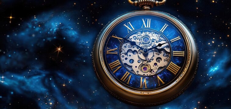 Antique pocket watch with visible mechanical gears floating in a starry blue cosmic background representing time and space - Powered by Adobe