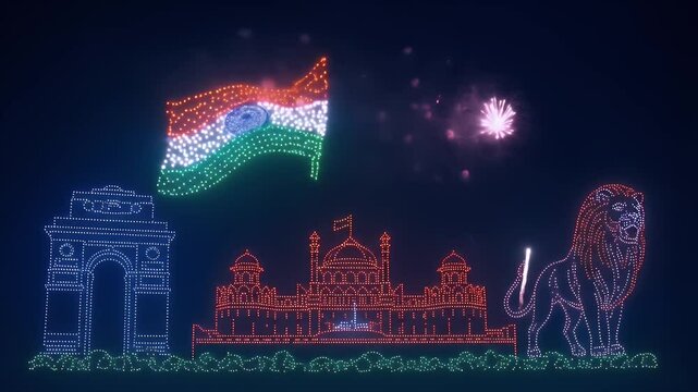 Impressive aerial light show with national symbols fireworks and illuminated monuments in the night sky independence day india