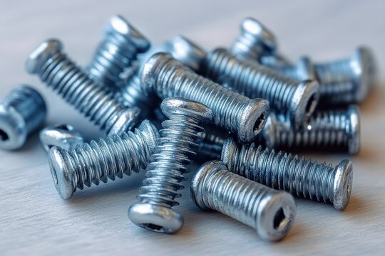 Close-up of shiny metallic hex socket screws with coarse threads scattered on a light surface showing industrial and mechanical texture