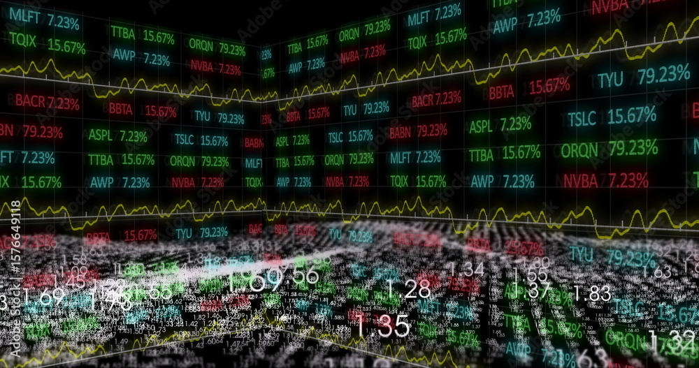 Poster floating stock tickers showing percentages with yellow line charts and data points in virtual space