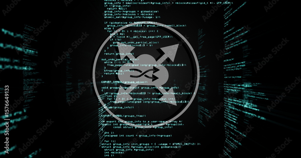 Poster displaying circular overlay icon with crossing arrows and exchange symbols among green code columns
