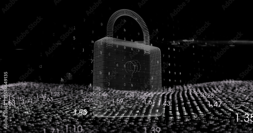 Poster floating wireframe padlock hovering over digital dot grid, with numerical code fragments drifting
