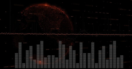 Displaying rotating red globe on dark canvas, with red-dot waveform, white bar charts, data labels