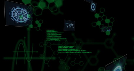 Displaying central cluster emitting glowing green code and hexagon nodes in holographic HUD
