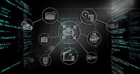 Showcasing central hub icon networking in dark environment, with database and cloud sync icons