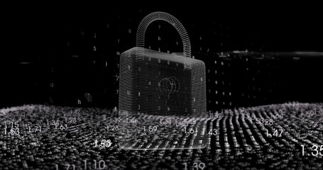 Floating wireframe padlock hovering over digital dot grid, with numerical code fragments drifting