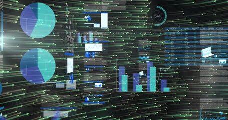 Visualizing floating data on tech dashboard showing pie, bar, line charts, tables, meters and icons