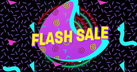 Displaying central purple shape outlined in cyan on retro graphic, featuring bold yellow FLASH SALE