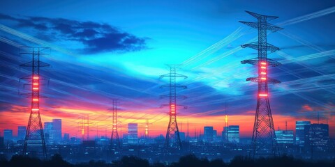 City skyline at dusk with vibrant blue and orange sunset and illuminated electricity transmission towers stretching across the urban landscape