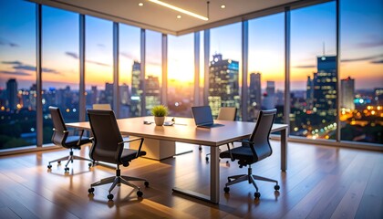 Modern Office with Panoramic City View at Sunset