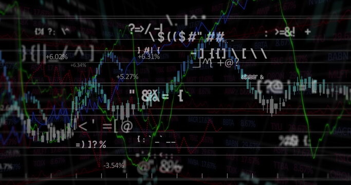 Displaying financial chart on trading terminal, with candlestick bars green blue lines and % labels - Powered by Adobe