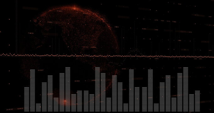 Displaying rotating red globe on dark canvas, with red-dot waveform, white bar charts, data labels - Powered by Adobe