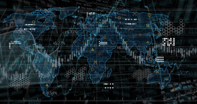 Displaying world map with candlestick bars, line graphs, percent tags on dark grid, hex nodes