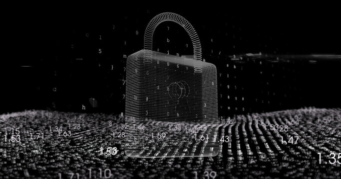 Floating wireframe padlock hovering over digital dot grid, with numerical code fragments drifting