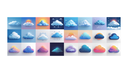 A diverse array of stylized clouds, presented in a colorful and artistic collection, showcasing various weather conditions and atmospheric elements against soft backgrounds for design projects.
