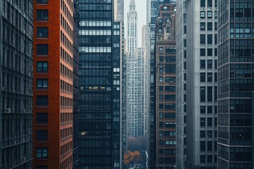 Obraz premium Urban cityscape with tall skyscrapers closely packed and a distant building visible through a narrow gap, conveying a sense of density and architectural variety