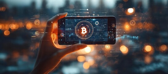 Hand holding smartphone displaying digital bitcoin symbol with futuristic graphical user interface overlays against blurred city night lights