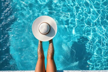 Person relaxing with sunhat in clear blue swimming pool water showing legs and calm environment