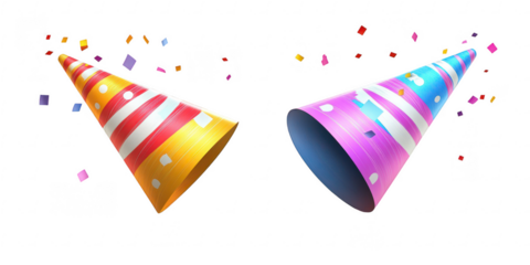Two party hats with confetti around them on transparent png photo