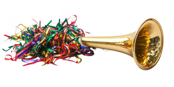 Gold trumpet with colorful streamers on transparent png photo