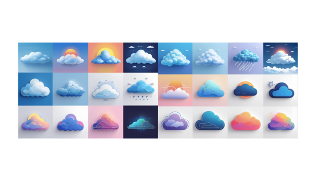 A diverse array of stylized clouds, presented in a colorful and artistic collection, showcasing various weather conditions and atmospheric elements against soft backgrounds for design projects.