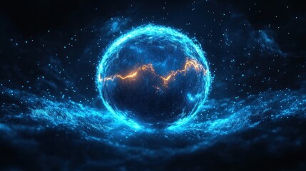 Glowing blue sphere with electric orange lightning crack surrounded by sparkling particles in a dark cosmic environment