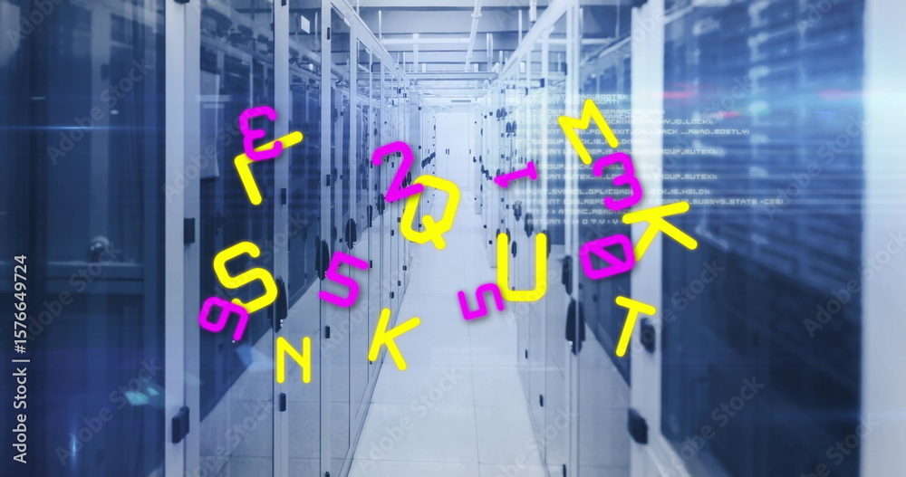 Poster server cabinets flashing leds and floating code symbols in central data center corridor