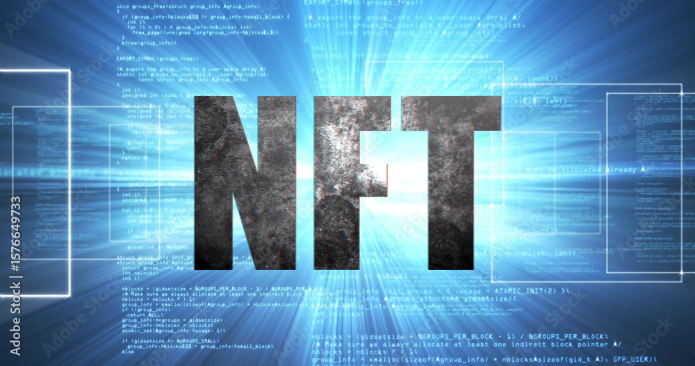 Poster glowing metallic-textured nft acronym radiating in virtual cyberspace interface, with code snippets
