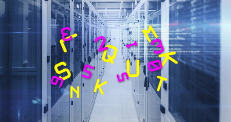 Server cabinets flashing LEDs and floating code symbols in central data center corridor