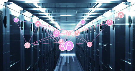 Glowing digital overlay spreading across data center corridor, with server racks and LED indicators