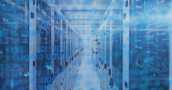 Glowing server racks illuminating narrow data center corridor, with floating binary code overlay - Powered by Adobe