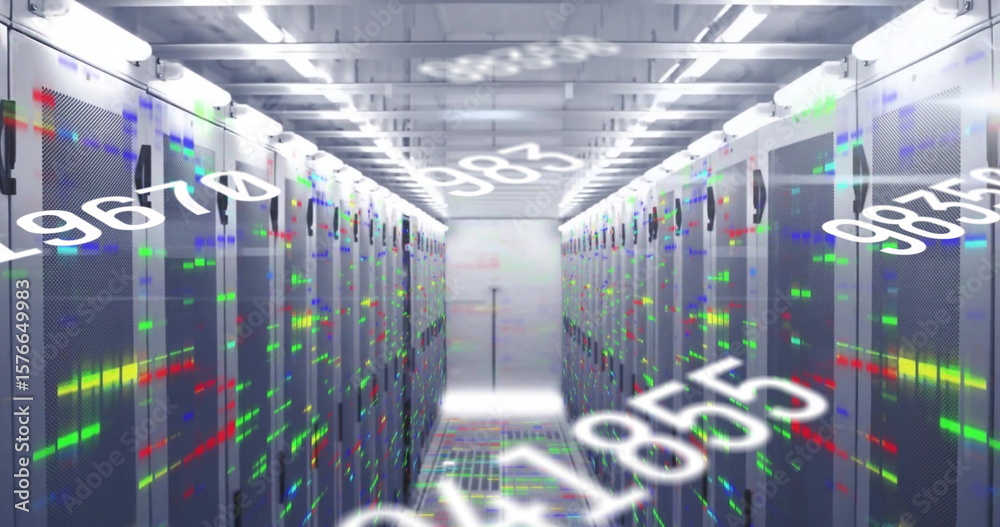 Poster extending server aisle leading into data center with blinking status leds and numerical overlays