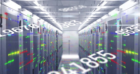 Extending server aisle leading into data center with blinking status LEDs and numerical overlays