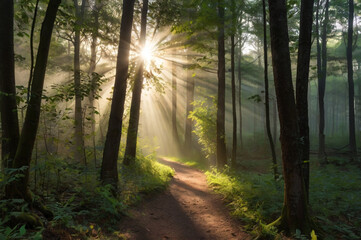 Obraz premium Photo of sunbeams stream through a misty forest illuminating a path