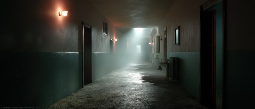 Eerie abandoned hospital corridor in horror game atmosphere