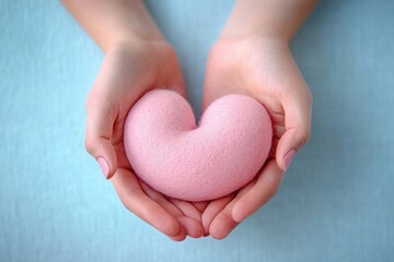 Obraz premium Hands gently holding a soft pink heart-shaped object over a light blue textured background expressing care and tenderness