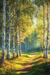 Fototapeta premium Sunlit forest path surrounded by birch trees with white bark and yellow-green leaves creating a peaceful and inviting atmosphere