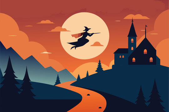  retro halloween scene with witch zooming over vil (1).eps