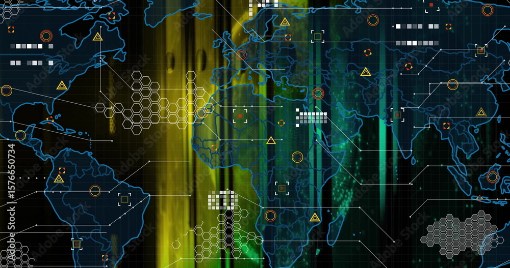 Poster displaying glowing world map streaming over digital grid dashboard, with data nodes and alert icons