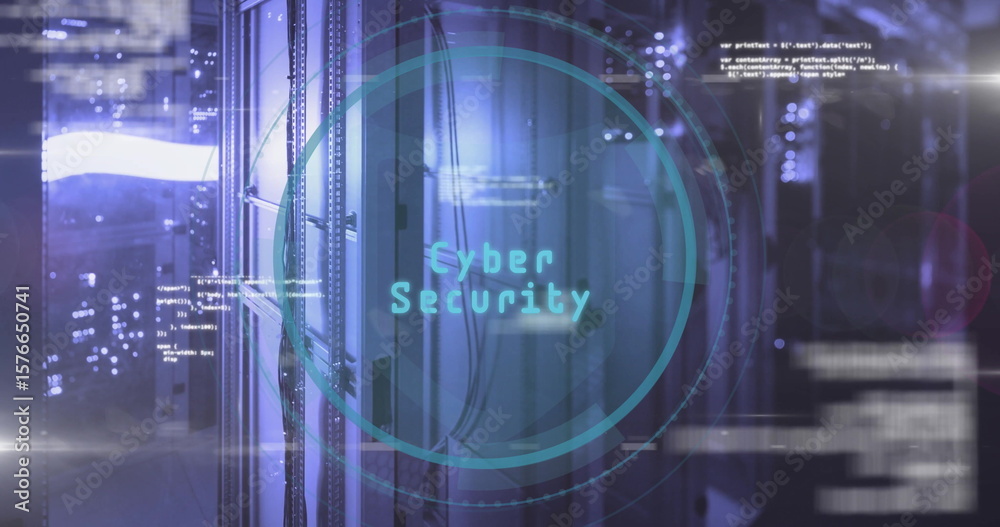 Poster showing lit data center aisle with server racks and ethernet cables, hud circle and floating code