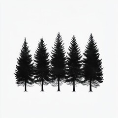 Obraz premium Five tall evergreen pine trees standing closely together against a plain white background creating a serene and minimalistic natural scene