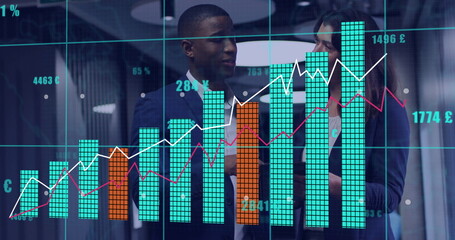 Analysts wearing suits discussing data in office with digital bar and line charts, currency symbols