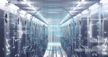 Showing symmetrical aisle at data center lined with server racks, LEDs, with Cyber Security overlay