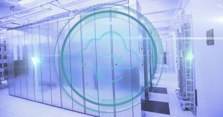 Glowing server cabinets reflecting LED glow in data center corridor, with cloud sync overlay